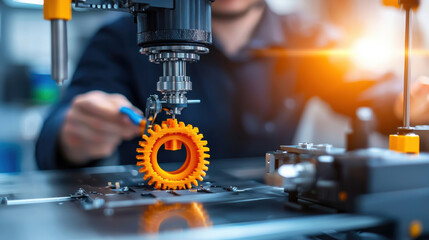 Leinwandbilder - Assembling 3D printed mechanical part with precision tools in workshop. focus is on vibrant orange gear being fitted into machine, showcasing advanced technology and craftsmanship