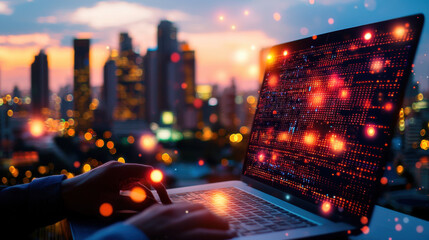 Aufkleber - person using laptop with digital interface against vibrant city skyline at sunset, showcasing technology and urban life