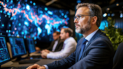 Fototapete - business meeting with professionals analyzing global economic data on screens, showcasing teamwork and strategic planning in modern office environment