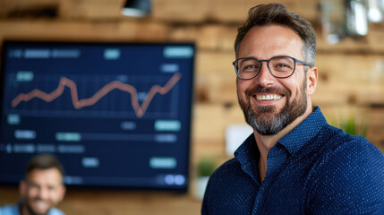 Poster - professional man with glasses smiles confidently in modern office setting, showcasing positive atmosphere during business meeting