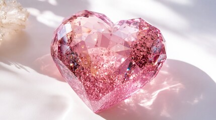Wall Mural - A sparkling pink heart, gleaming with soft light, floating in the middle of a white backdrop