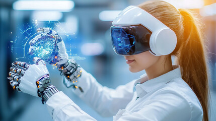 Leinwandbilder - Innovative woman using virtual reality technology to analyze AI trends. Her robotic gloves enhance interaction with digital data, showcasing future of technology and innovation