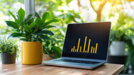 Poster - laptop displaying market analysis graphs sits on wooden desk beside vibrant green plant, creating productive and refreshing workspace atmosphere