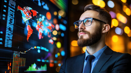 Fototapete - business strategist analyzing data trends on digital screen, showcasing global statistics and market insights. atmosphere is dynamic and professional