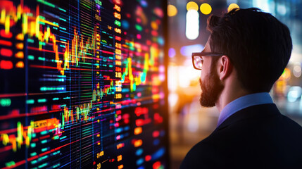 Fototapete - business strategist analyzing financial data on digital screen, showcasing market trends and statistics. vibrant colors and dynamic graphs create engaging atmosphere