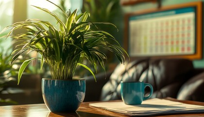 Wall Mural - Cozy Home Office Interior with a Coffee Cup, Newspapers, and a Spider Plant on a Wooden Table