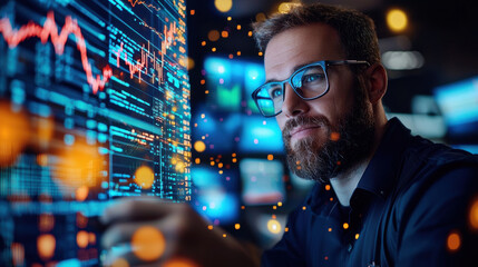 Fototapete - focused trader analyzing data on digital screen with charts and graphs. atmosphere is dynamic, showcasing intensity of trading environment