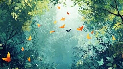 Wall Mural - Butterflies Soar Through a Lush Green Forest Canopy