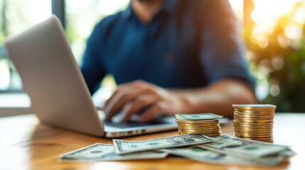 Aufkleber - person working on laptop with stacks of coins and cash on wooden table, symbolizing financial analysis and investment strategies