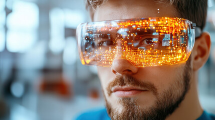 Fototapete - close up of man wearing futuristic smart glasses with digital display reflecting data. innovative design showcases technology and modernity in wearable devices
