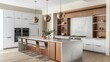 © rayyan - A modern kitchen with white cabinetry, light grey marble countertops, and a warm wooden island with built-in storage. Above the island, sleek metallic pendant lights add a futuristic touch.