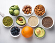 © mou - protein, food, background, health, fruit, fish, green, apple, cooking, healthy, healthy food, diet, vegetable, avocado, organic, nutrition, salmon, ingredient, seed, cereal, nut, almond, broccoli, ses