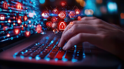 Aufkleber - close up of hands typing on keyboard with holographic security icons, representing digital safety and technology. image conveys sense of innovation and cybersecurity