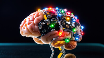 Fototapete - conceptual depiction of brain integrated with circuits and colorful lights, symbolizing fusion of technology and neuroscience. This evokes sense of innovation and futuristic thinking