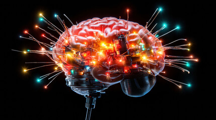 Leinwandbilder - conceptual depiction of neural interface with glowing brain, showcasing vibrant circuits and lights, symbolizing advanced technology and connectivity