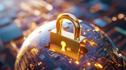 Poster - conceptual image of globe with digital lock symbolizing cybersecurity and data protection. golden padlock represents security in digital world