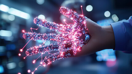 Poster - futuristic robotic hand with glowing circuits and digital elements, symbolizing integration of AI and technology in modern life. hand showcases intricate designs and vibrant colors