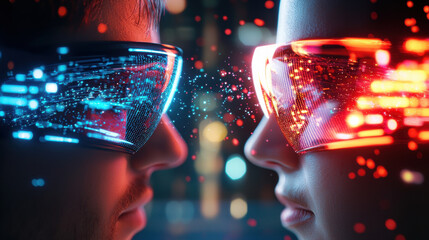 Fototapete - Revolutionary technology enhances communication through futuristic glasses, showcasing vibrant interaction between two individuals. glowing effects symbolize AI driven future