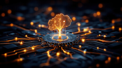 Fototapete - creative depiction of cybersecurity framework featuring glowing cloud symbol connected to network of circuits, representing digital security and data protection