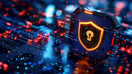 Poster - creative depiction of cybersecurity framework featuring shield with keyhole, surrounded by glowing digital elements, representing data protection and security