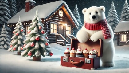 Wall Mural - A polar bear next to a suitcase filled with cupcakes in a snowy scene...Concept: Winter, holiday, bear, cute, Christmas, travel.