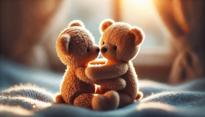 Wall Mural -  Two teddy bears hugging each other in a warm, soft setting...Concept: Love, friendship, comfort, affection, toys, tenderness.