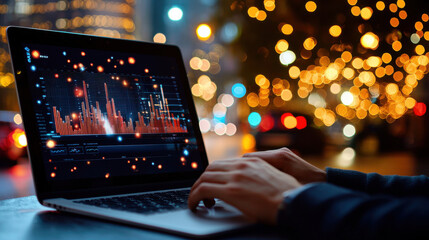 Poster - Data analysis on laptop with vibrant graphs and city lights in background, showcasing intersection of technology and urban life, creating dynamic atmosphere