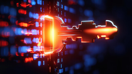 Aufkleber - Unlocking digital safe with glowing key amidst binary code, symbolizing security and technology. This represents fusion of digital security and innovation