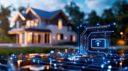Fototapete - digital mock up of smart home showcasing interconnected devices and security features. futuristic design emphasizes technology and innovation in residential living