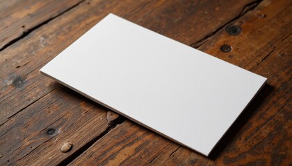 Fototapete -  Business card mockup on an aged wooden surface, soft shadows creating depth, simple and elegant composition