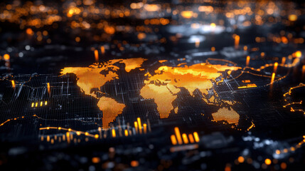 Fototapete - dynamic digital display showcasing global economic trends with world map illuminated orange. background features data visualizations and glowing elements, creating modern and engaging atmosphere
