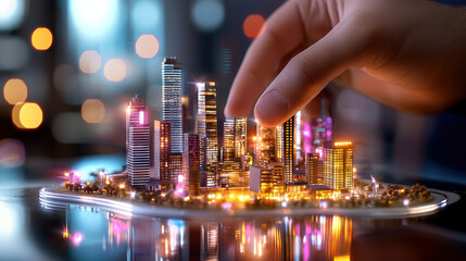 Fototapete - hand interacting with miniature futuristic city model, showcasing vibrant lights and intricate architecture. This scene captures essence of urban development and innovation