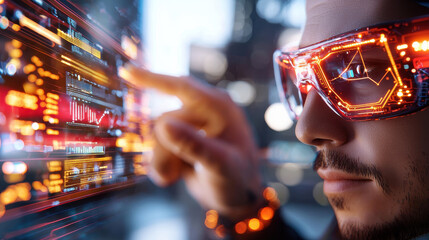 Poster - Futuristic man wearing glowing glasses interacting with digital interface, showcasing advanced technology and data visualization in modern urban setting