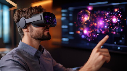 Leinwandbilder - man wearing virtual reality goggles interacts with digital display, exploring futuristic technology and data visualization in modern office environment