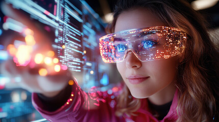 Poster - woman wearing augmented reality glasses interacts with digital data, showcasing futuristic workspace filled with vibrant lights and technology
