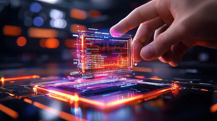 Leinwandbilder - hand interacting with holographic screen displaying data and graphs in futuristic workspace. vibrant colors and advanced technology create immersive atmosphere