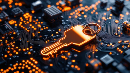 Fototapete - glowing key floating over digital interface symbolizes security and technology. intricate circuit board background enhances futuristic feel of this image