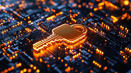 Poster - glowing key floating over digital interface, symbolizing security and technology. vibrant orange highlights contrast with dark background, creating futuristic feel