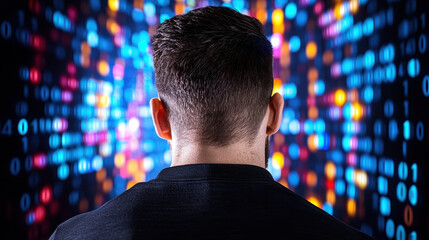 Fototapete - Man facing colorful digital screen filled with binary code, representing technology and data analysis. vibrant lights create mysterious atmosphere