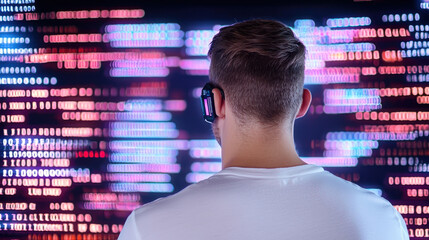 Aufkleber - hacker shadowy figure stands before screen filled with colorful code, immersed in digital world. vibrant display reflects intensity of cyber environment