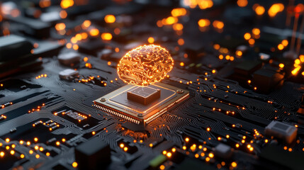 Aufkleber - high resolution close up of AI chip with glowing brain design, showcasing intricate circuitry and vibrant lights. This represents advanced technology and innovation