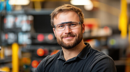 Aufkleber - smiling man wearing safety glasses in workshop environment, showcasing friendly demeanor. background features various tools and equipment, emphasizing professional setting