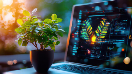 Poster - modern workspace featuring laptop displaying advanced technology graphics and potted plant, creating harmonious blend of nature and innovation
