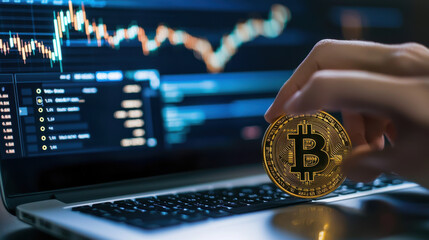 Fototapete - person learning cryptocurrency trading basics while holding Bitcoin. image showcases laptop with trading charts and digital currency, reflecting modern finance