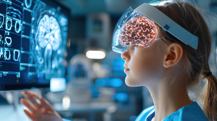 Fototapete - person wearing brain computer interface device interacts with digital display, showcasing brain activity and neural connections. scene highlights technology and innovation in neuroscience