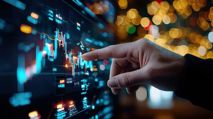 Aufkleber - person analyzing financial dashboard with graphs and data, showcasing trends and insights. background features blurred lights, creating dynamic atmosphere