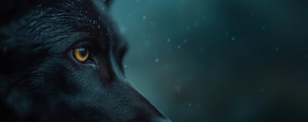 Wall Mural - black wolf with intense yellow eyes staring under falling snow banner with copy space