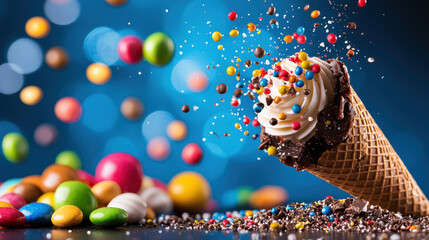 Poster - Delicious ice cream cone topped with colorful sprinkles and surrounded by candies, creating vibrant and playful scene that evokes joy and sweetness