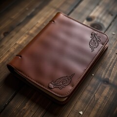 Brown leather journal on wooden table