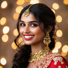 young indian woman wearing traditional sari and jewelry